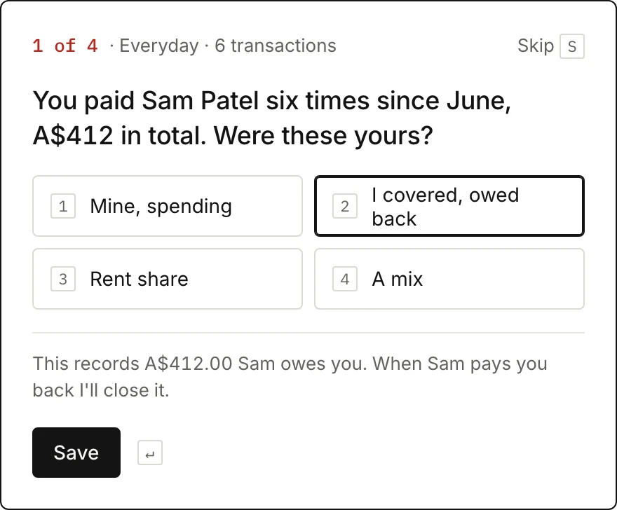 A question from the inbox: You paid Sam Patel six times since June, A$412 in total. Were these yours? With four answers, and the note that answering records A$412 Sam owes you.